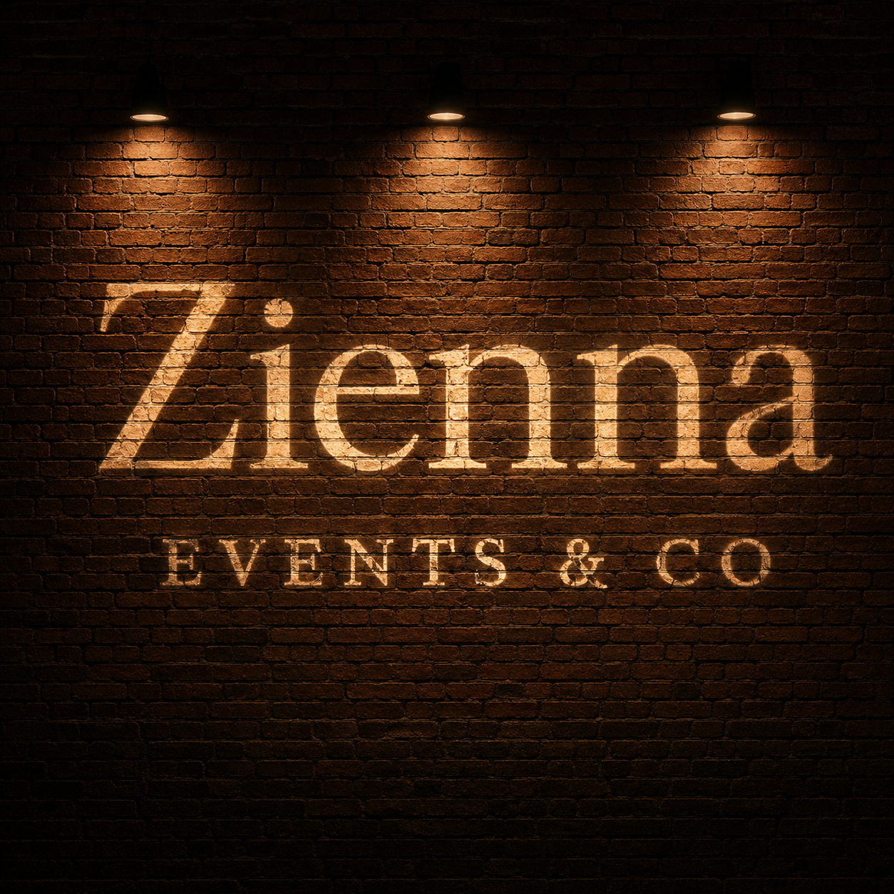 Zienna Events logo projected on a warm brick wall