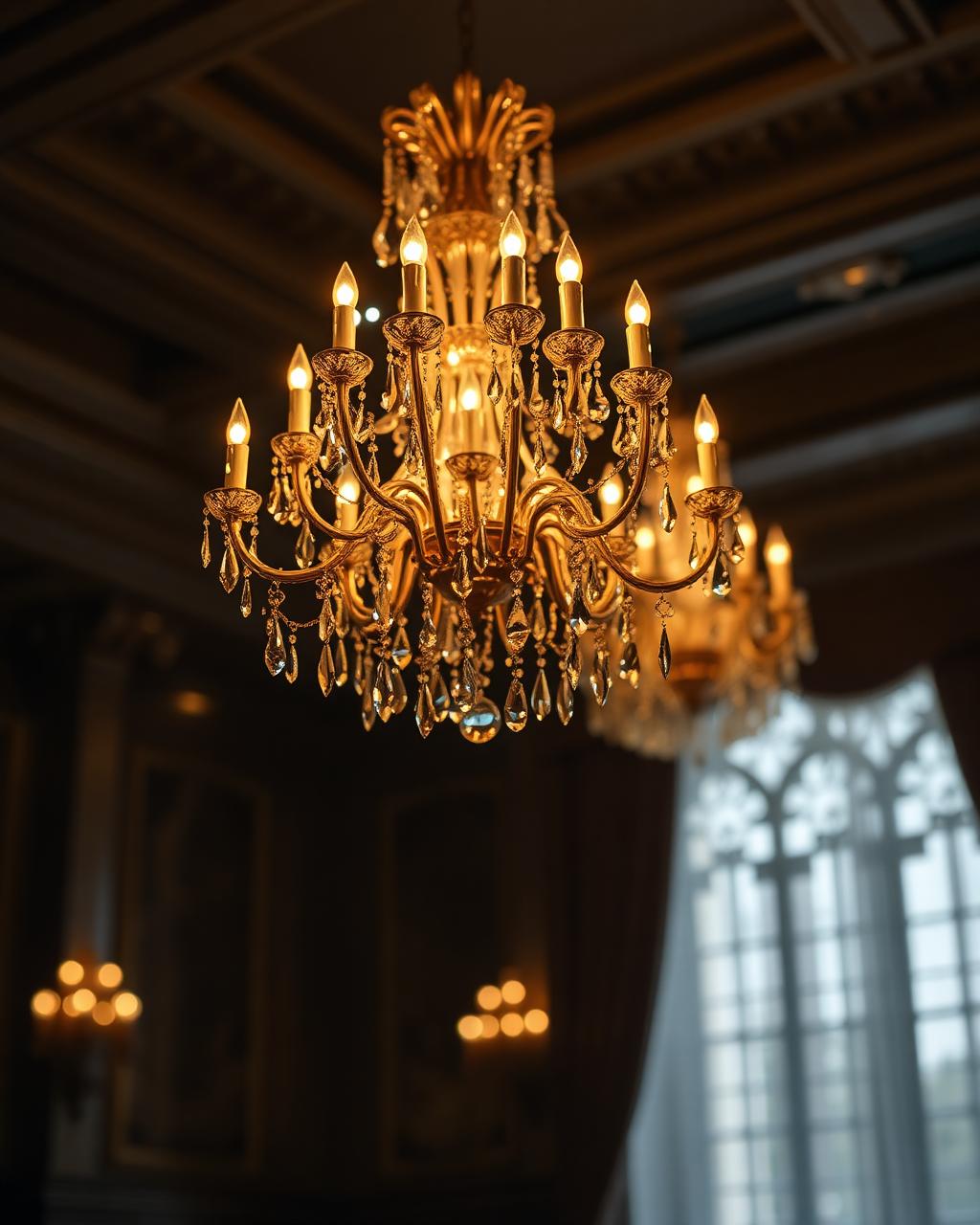 Crystal chandelier glowing amber